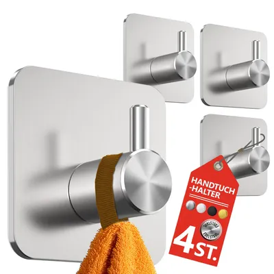 Image de Lot de 4 porte-serviettes sans perçage, couleur argent – Porte-serviettes étanches pour la salle de bains et la cuisine, crochets en acier inoxydable, crochets adhésifs pour la salle de bains et la cuisine – Crochets adhésifs ultra-résistants, crochets pour serviettes
