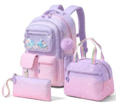 Image de Ensemble de trois pièces pour sac à dos scolaire pour filles, classes de 1ère à 5ème, rose-violet, ultraléger, ergonomique, résistant à l'eau, 21 litres