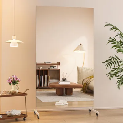 Immagine prodotto di Specchio a figura intera, 170x100 cm, girevole, con rotelle, vetro temperato, bianco