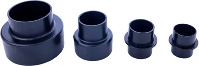 A set of four black plastic adapters for a dust extraction system, arranged in a line against a white background.