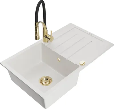 Immagine prodotto di Mexen Bruno lavello in granito 1 vasca con gocciolatoio e miscelatore da cucina Aster, bianco - 6513-20-73450-57-G