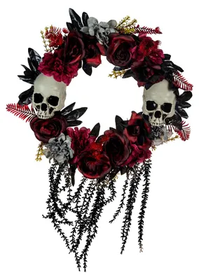 Produktbild von Morbider Halloween Türkranz mit vertrockneten Rosenblüten & Totenköpfen, KI-generiertes Bild