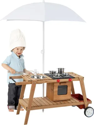 Produktbild von DREAMADE Outdoor-Kinderküchenwagen, hölzerner Spielwagen mit Sonnenschirm & simuliertem Bräter & 4 Töpfen & Wasserbecken & abnehmbarer Aufbewahrungsbox