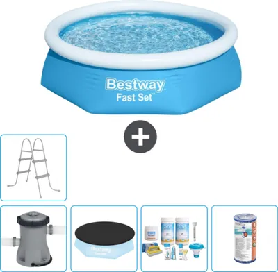 Immagine prodotto di Piscina gonfiabile rotonda Bestway ad ambientazione rapida - 244 x 61 cm - blu - inclusa copertura della pompa - pacchetto di manutenzione - filtro - scaletta