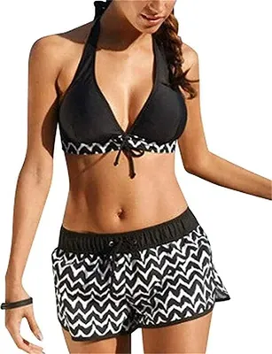 Produktbild von ASKSA Damen Zweiteiliger Bikini Set Push Up Pads Badeanzug Crossover Schwarz Oberteil Triangel Bademode -M-