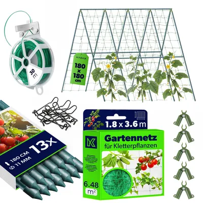 Produktbild von KADAX Gurken Rankhilfe Set – 13 x Pflanzstab 180 cm, Ranknetz 2 x 10 m, 5 x Pflanzstab-Verbinder, 30 m Gartendraht – Gurkenrankhilfe, Rankgitter, Gurkenrankgitter