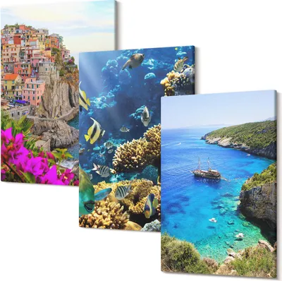 Produktbild von Leinwandbild – Wandbild – Leinwandbilder – Kunstdruck – Polycanvas – Modern – Mehrteilig – 3-Teilig Set – Hochwertig – Geruchslos – Lichtecht – Fertig Aufgespannt – 20x30 Cm Je Teil - Meerblick mit bunten Häusern und einem Korallenriff