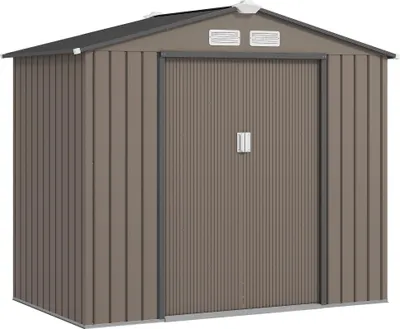 Image de Outsunny Abri de jardin en métal 2,77 m² cabane de jardin 213 x 130 x 185 cm cabanon rangement outils avec fondation, porte coulissante verrouillables et 4 aérations - marron