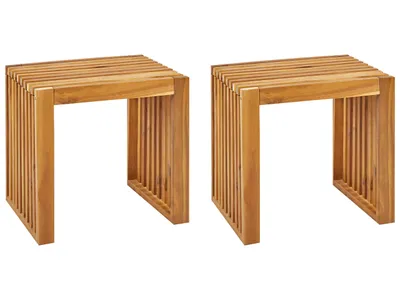 Produktbild von BELIANI Gartenhocker 2er Set Hellbraun Akazienholz Latten-Optik Garten Outdoor Balkon Terrasse Ausstattung Möbel Holzstuhl Gartenstuhl ohne Lehne