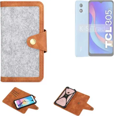 Produktbild von K-S-Trade Handyhülle kompatibel mit TCL 305i Schutzhülle Filz-Hülle Kunst-Leder hellgrau braun (1x)