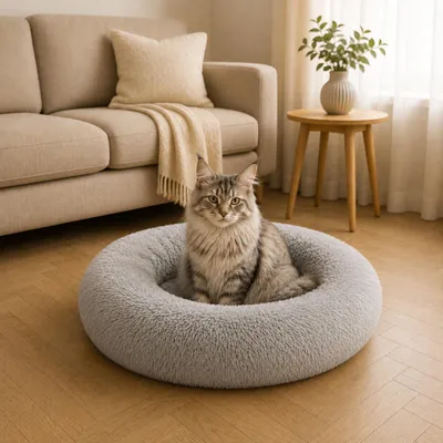Produktbild von belviona Donut Katzenbett, weiches Katzenkörbchen mit flauschigem Plüsch, rutschfest & gemütlich, 70 cm Durchmesser, hellgrau, KI-generiertes Bild