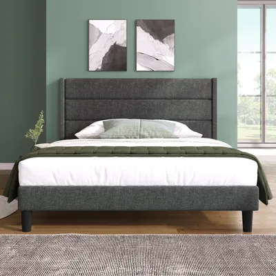 Produktbild von Flieks Polsterbett 140x200cm mit Lattenrost und Kopfteil, Bettgestell Doppelbett Jugendbett Leinenstoff, Grau