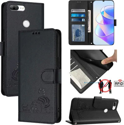 Produktbild von Leder Hülle für Honor 9 Lite Süße Katze Flip Case Brieftasche Schutzhülle mit Standfunktion Schwarz