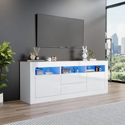Image de Sweiko 160x35x60cm Armoire TV haute brillance avec éclairage LED, 3 compartiments ouverts, 2 portes, 2 tiroirs,Smart App, pour téléviseur 70 pouces,Support TV haute brillance
