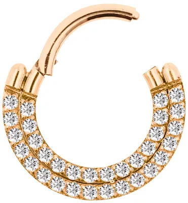 Image de Bague segmentée lisse pour piercing, modèle "clicker", en acier inoxydable avec finition rose gold, ornée d'une couronne de 2 cristaux