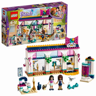 A LEGO Friends Andreas Accessory Shop playset is shown, with the box and the assembled toy.