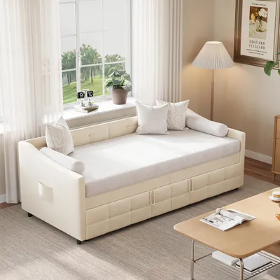 Produktbild von ProximaX Schlafsofa 90×200 cm in Creme, Samtstoff, ausziehbar mit Gasdruckfeder – multifunktionales Sofa & Gästebett