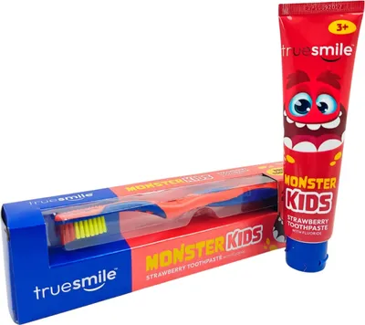 Produktbild von Truesmile | Zahnpasta - 75 ml - Monster Kids - Erdbeere - Mit Fluorid - Für Kinder ab 3 Jahren - Zahnbürste im Set enthalten