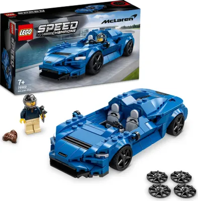 A LEGO Speed Champions McLaren Elva set is shown, with the box and the assembled model.