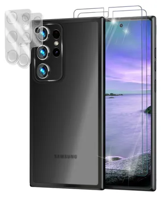 A black Samsung phone case with screen and camera protectors shown from a diagonal angle.