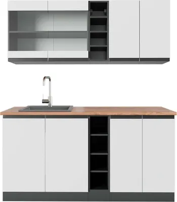 Produktbild von Singleküche Vicco R-Line Weiß/Anthrazit 160 cm  J-Shape, AP Eiche, Model 42913