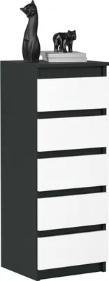 Image de Commode VBChome à 5 tiroirs 40 x 39 x 105 cm Noir et blanc Commode sans poignées Armoire multifonctionnelle pour couloir, chambre à coucher, salon