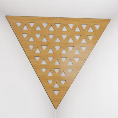 Produktbild von 2er-Pack – Deckenecken-Bassfalle "Triangle-F" | Pyramidenförmiger Akustikschaum mit laminierter HDF-Platte und Stoff [TRI -Eiche|Weiß]