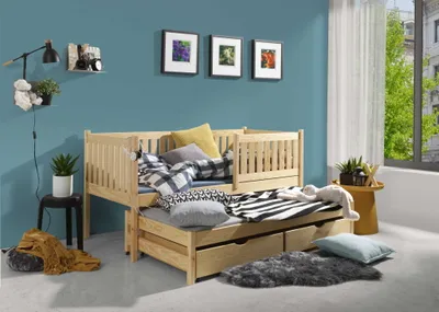 Produktbild von KEF Kinderbett PATRICK Bett aus Holz mit Stauraum Ausziehbett für ZWEI Personen mit Matratze Braun 90x180 cm