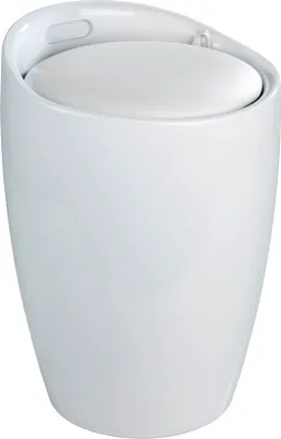 A white laundry basket with a lid that doubles as a seat.