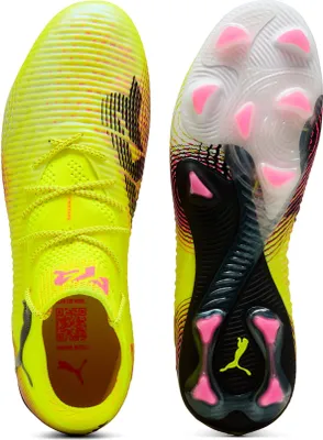 A pair of neon yellow Puma soccer cleats shown from the top and the sole view.