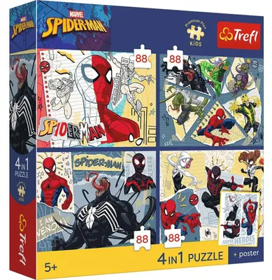 Zdjęcie produktu dla Puzzle 4x88 elementów Sieć zabawy Spider-Man z plakatem kolekcjonerskim