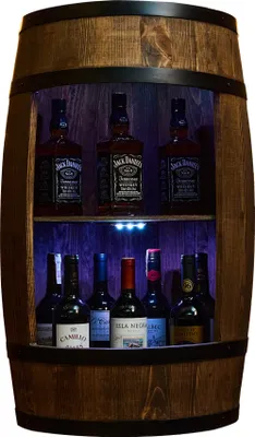 Produktbild von CREATIVE COOPER Weinregal Holz mit LED-Leuchten - Weinschrank Mini Bar - Alkohol Schrank Mann - Barschrank - Fass bar - 80cm hoch - Retro deko Bar Regal - Nadelbaumholz - Fassbar - Fassmöbel (Wenge)