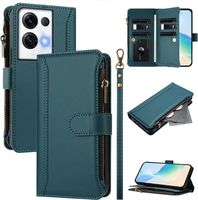 Image de Etui pour Oppo Reno8 Pro 5G/Reno8 Pro+, zippé, étui portefeuille en cuirPolyuréthaneavec pochettes pour cartes, support et dragonne, vert