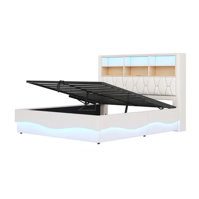 Produktbild von STILVORA 180x200 Polsterbett mit Nachttisch und USB Ladeschnittstellen,Jugendbett mit LED-Licht durch APP-Steuerung,Doppelbett mit Metall-Lattenrost,Leinen,Ohne Matratze,Beige