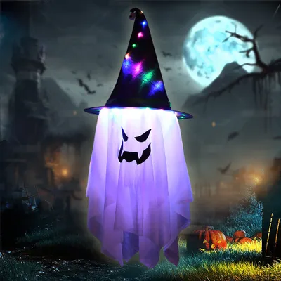 Produktbild von 105cm Duże Halloweenowe Dekoracyjne Światła Sznurkowe Zewnętrzne, Halloweenowe Światło, Led Witch Hat Ghost Lights Bateria Na Halloween Party Oświetlenie Ogrodowe