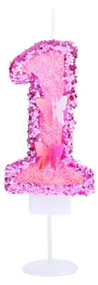 Zahl 1 Geburtstagskerze, rosa Pailletten, Schmetterling, 7,2 cm