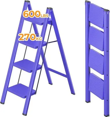Immagine prodotto di Scala metallica pieghevole a 4 gradini con gradini antiscivolo più larghi, scala multifunzionale per cucina, casa e ufficio, portata 600 lb, blu