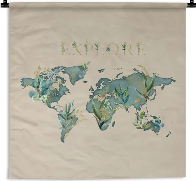 Produktbild von MuchoWow® Wandteppich Wandbehang Weltkarte - Retro - Zitat 150x150 cm Tapisserie Dekoration Wandtuch - Wohnaccessoires - Modernes