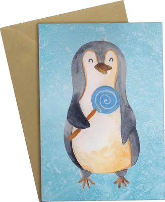 Produktbild von Mr. & Mrs. Panda Grußkarte Pinguin Lolli - Eisblau - Geschenk, Spruch, weihnachtskarten, Süßigkeiten, Naschen, einladungskarten, Pinguine, Heißhunger, vatertagskarte