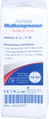 Image de PARAM Compresses de gaze 5 cm x 5 cm non stériles 8 plis, 100 compresses