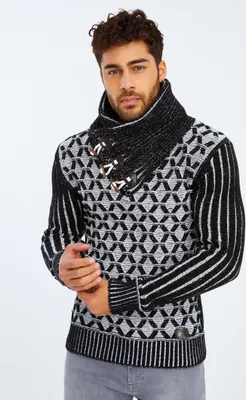Produktbild von Leif Nelson Schalkragen Herren Strickpullover Grobstrick Schalkragen LN-5385, Schwarz Ecru / M