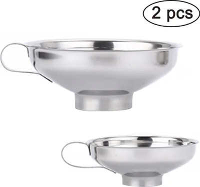 Two stainless steel funnels are shown against a white background.
