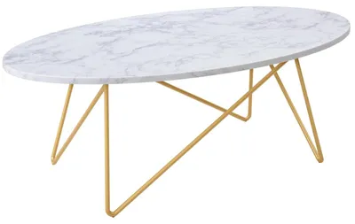 Produktbild von Couchtisch Wohnzimmer - Ovaler Sofatisch - Tischplatte in Marmoroptik - Metallbeine goldfarben - 120x60x41 cm - Moderner minimalistischer Stil - Weiß/Gold