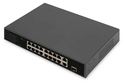 Zdjęcie produktu dla Digitus 16-portowy przełącznik Fast Ethernet PoE , 2 gigabitowe łącza nadrzędne (RJ45 / SFP), Nie zarządzany, Gigabit Ethernet (10/100/1000), Pełny dupleks, Obsługa PoE, Możliwości montowania w stelażu, 1U