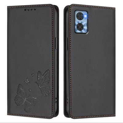 Obrázek produktu pro Kožené pouzdro pro Motorola Moto E22 / E22i, motýlí ražbou, peněženkové flip pouzdro se stojánkem Černá