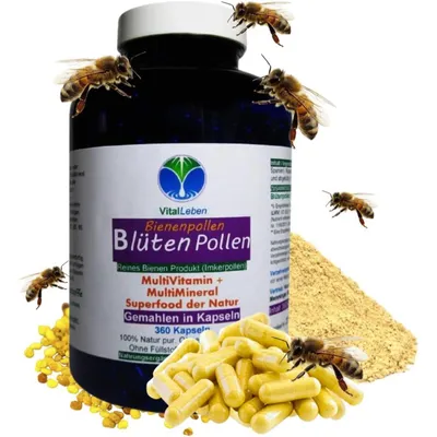 Produktbild von Blütenpollen 360 Kapseln - Kalt gemahlene Bienenpollen - MultiVitamin + MultiMineral SUPERFOOD der NATUR - Imkerqualität - ohne Zusatzstoffe