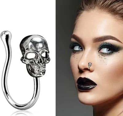 Image de Piercing nasal squelette Halloween Style tête de mort ornement bijoux accessoire look gothique décoration d'horreur charme mystique, couleur : argent