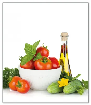 Produktbild von Wallario Herdabdeckplatte aus Glas, Größe 52 x 60 cm 1-teilig, Motiv Frische Salatzutaten mit Kräuter-Öl - Tomaten, Gurke, Petersilie