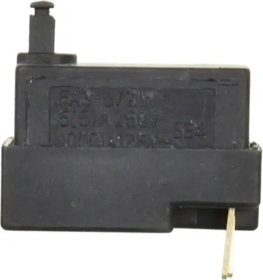 A close-up studio shot of a black electrical switch with gold-colored metal contacts.