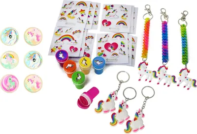 Produktbild von com-four® 30-teiliges Mitgebsel Set mit Einhorn Motiven für Kindergeburtstage bestehend aus Stickern, Schlüsselanhängern, Flummi und Stempel [Auswahl variiert]